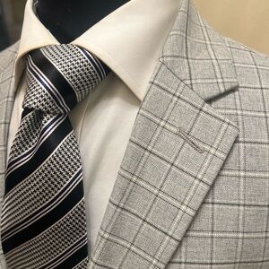 J M HAGGAR Window Pane Check Plaid Sport Coat Blazer Slim Fit Gray Men 44S